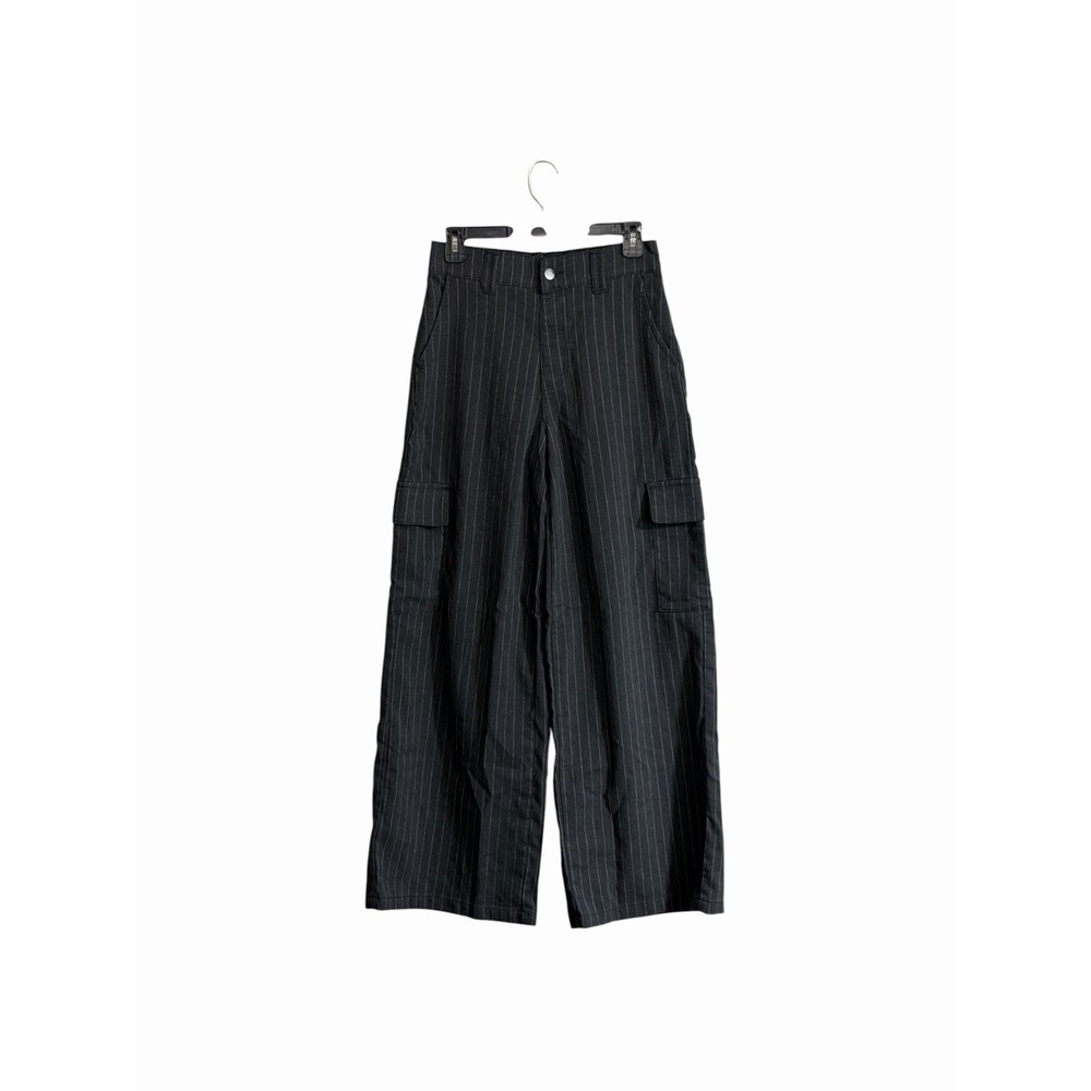Y2K No Boundaries Small Wide Leg Cargo Pants Black Striped Pockets Baggy